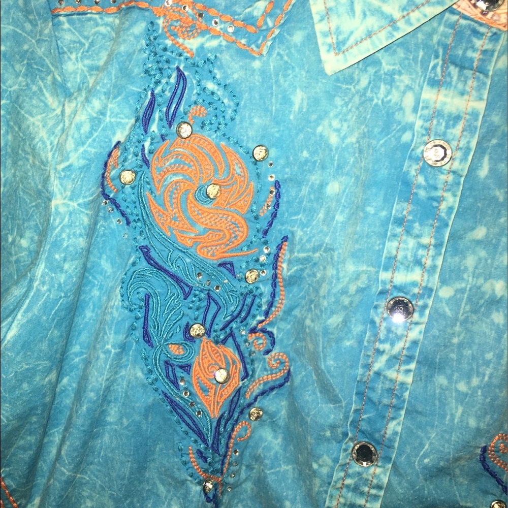 ROAR Embellished Blue & Orange Western Shirt Large - Picture 3 of 16